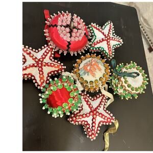 Lot of 7 Vintage Handmade Push Pin Sequin Bead Christmas Ornaments Styrofoam 80s